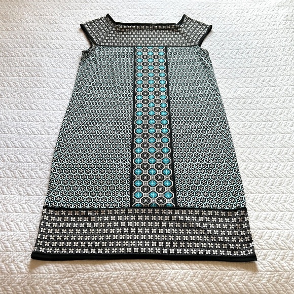 Max Studio Sheath Dress Tile Print Stretch Jersey Square Neck Cap Sleeve Size M - Picture 7 of 14